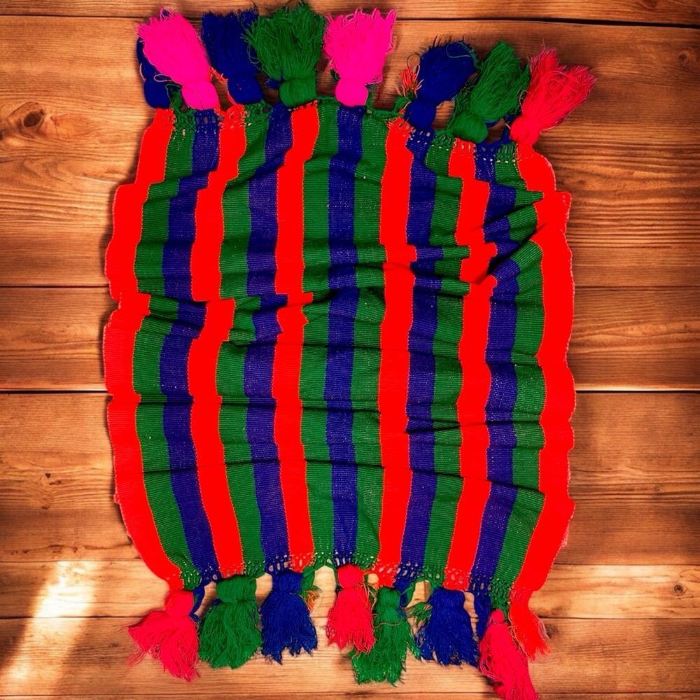 Vintage Bright Colorful Striped Woven Blanket w Tassels Serape Saddle Rug